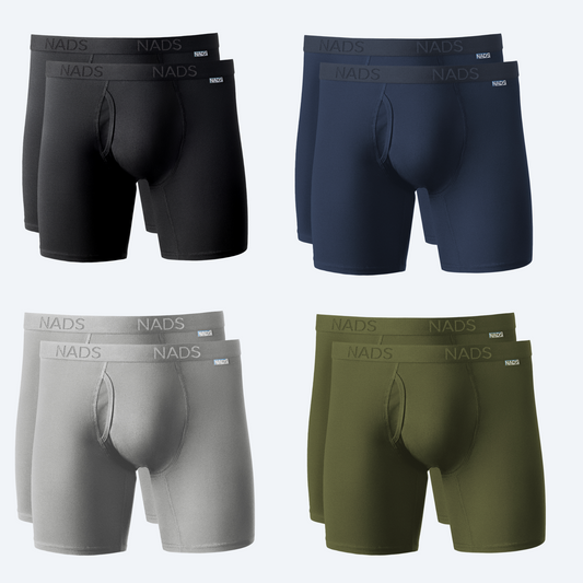 8 Pairs of Organic Cotton Boxer Briefs. 2 pairs each in Black, Navy, Grey and Green.