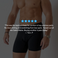 Man wearing black underwear with a five-star rating and customer review text overlay.