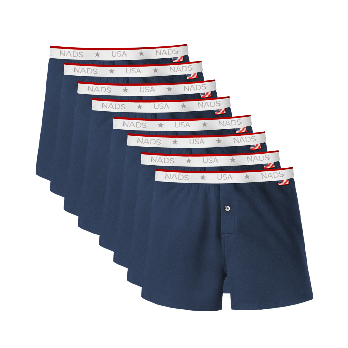 8 Pack of Organic Cotton Boxers in Blue with a USA waistband
